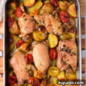 A baking dish with perfectly roasted chicken thighs, cherry tomatoes, and potatoes, garnished with herbs. Follow the best tips on how long to bake chicken thighs at 375 for succulent, flavorful results every time.