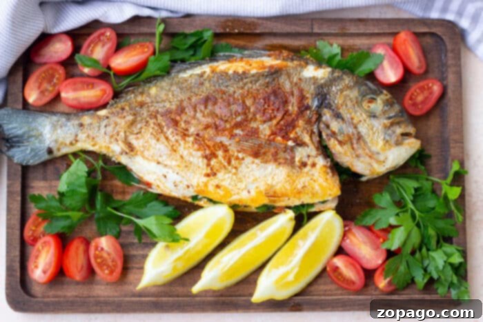 Perfectly Crispy Whole Fish 2 A perfectly cooked whole fish served on a wooden board, garnished with fresh lemon wedges, ripe cherry tomatoes, and vibrant parsley – an enticing alternative to frying a whole fish.