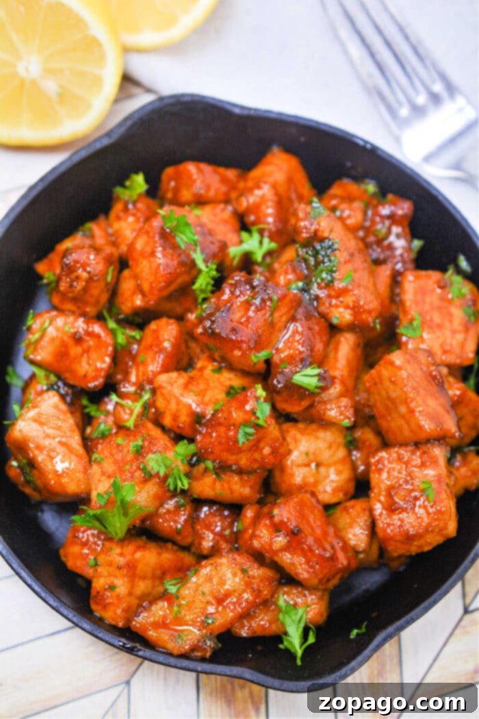 Delicious Pork Bites Made Easy 2 Pork Bites glazed with garlic butter and dry rub