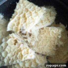 A pot filled with pieces of raw tripe soaking in water, providing a glimpse into how to cook tripe. The textured, ruffled surface suggests it's in the preparation stage. The clear water contrasts with the black pot, setting the scene for a culinary journey.