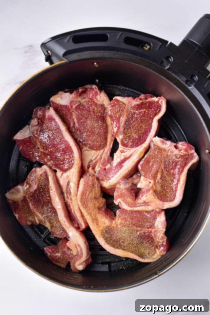 Your Guide to Perfect Lamb Chops 5 Raw lamb chops seasoned with spices are placed in an air fryer basket, ready for cooking. The basket is open, revealing the marbled meat arranged in a single layer against a light background. Wondering how long to cook lamb chops? Achieve perfection by adjusting the timing according to your desired doneness.