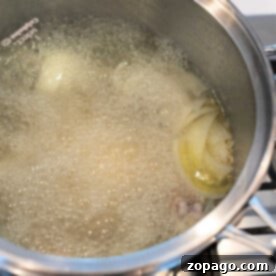 Secrets to Tender Boiled Meat 8 A pot of water boils on the stove, with onion slices and meat simmering gently, a visual guide on how to boil meat effectively.