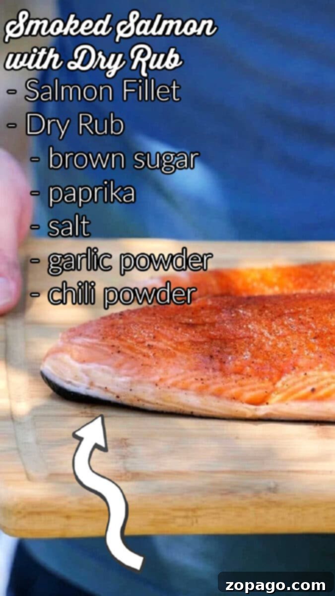 The Best Coho Salmon Recipe 5 A close-up of a hand holding a wooden board with a seasoned Coho salmon fillet. Text overlay lists ingredients: “Smoked Salmon with Dry Rub - Coho Salmon Fillet, Dry Rub, brown sugar, paprika, salt, garlic powder, chili powder." A curved arrow points to the fillet.