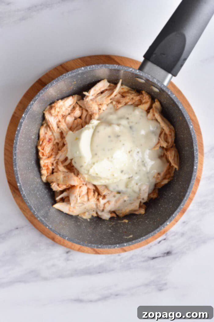 Spicy Creamy Buffalo Chicken Dip 6 A vibrant baked Buffalo Chicken Dip with shredded rotisserie chicken, rich cheese, and buffalo sauce, ready to be scooped with celery sticks and chips for a delicious appetizer spread.