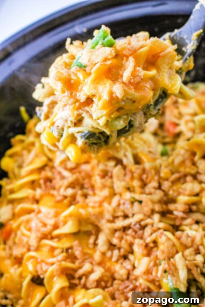 Overhead shot of a delicious Crockpot Chicken Noodle Casserole, garnished and ready