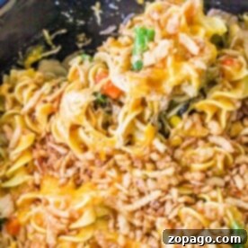 Close-up of a cheesy slow cooker chicken casserole with noodles, vibrant vegetables, and crispy fried onions in a black dish.