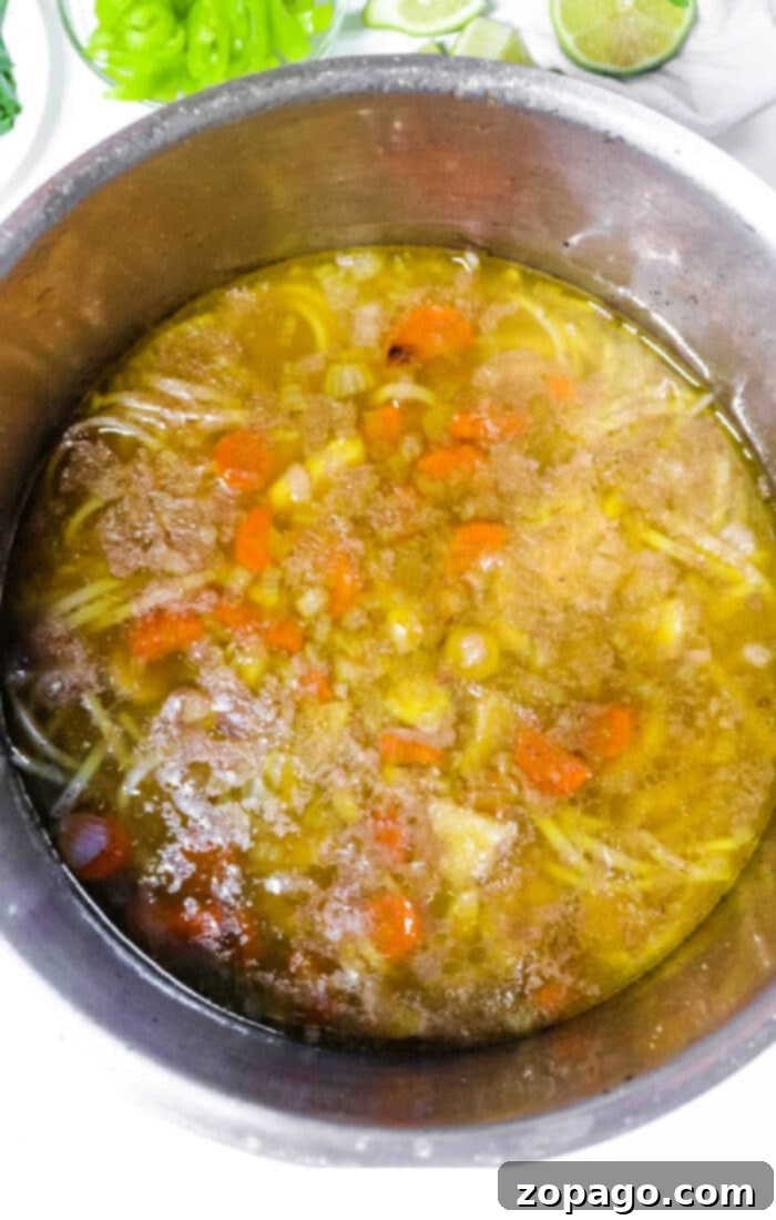 Aromatic Pho Essence 4 Chicken Pho Broth - A bowl of chicken pho broth with fresh herbs and lime.