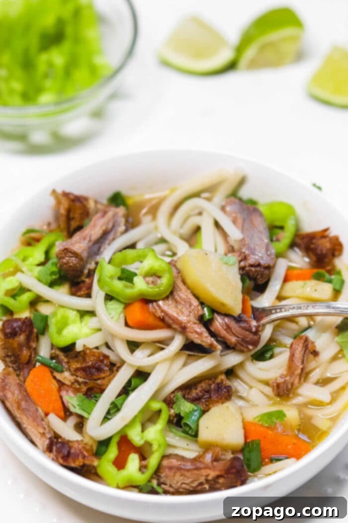 Aromatic Pho Essence 6 Beef Pho Broth - A steaming bowl of beef pho with fresh toppings and a rich broth.