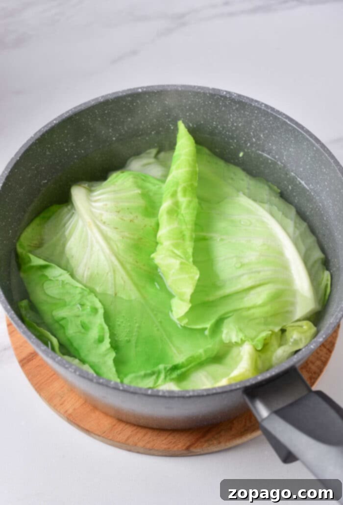 Savory Sausage & Cabbage Bundles 4 Detailed view of how to blanch cabbage leaves, showing them in boiling water for softening.