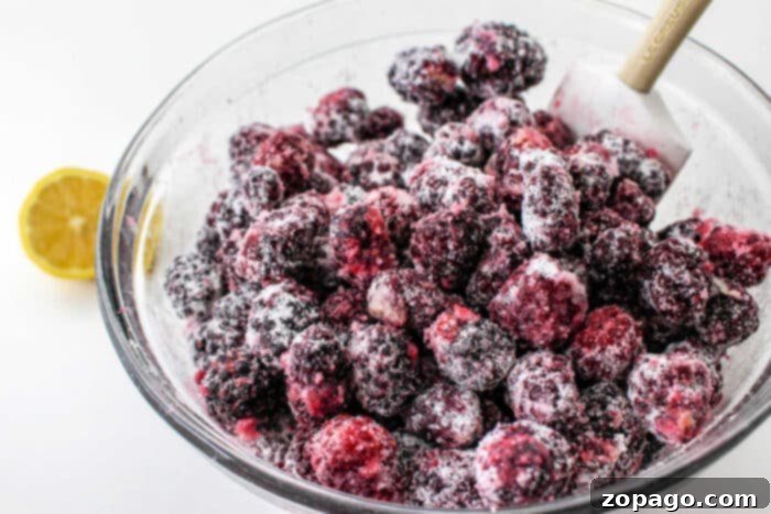 Pile of frozen blackberries, ready for baking