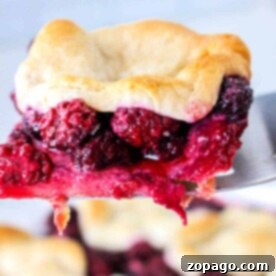 A close-up of a flaky blackberry pastry reminiscent of a cobbler with biscuits, perched on a spatula against the blurred backdrop of more golden treats.