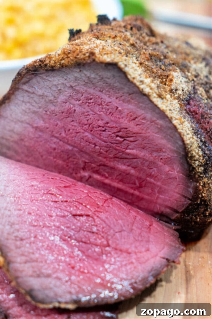 Mastering Roast Cooking Times 4 A perfectly cooked Top Round Roast, sliced to reveal a tender, pink interior, ready to be served as a centerpiece or in sandwiches.