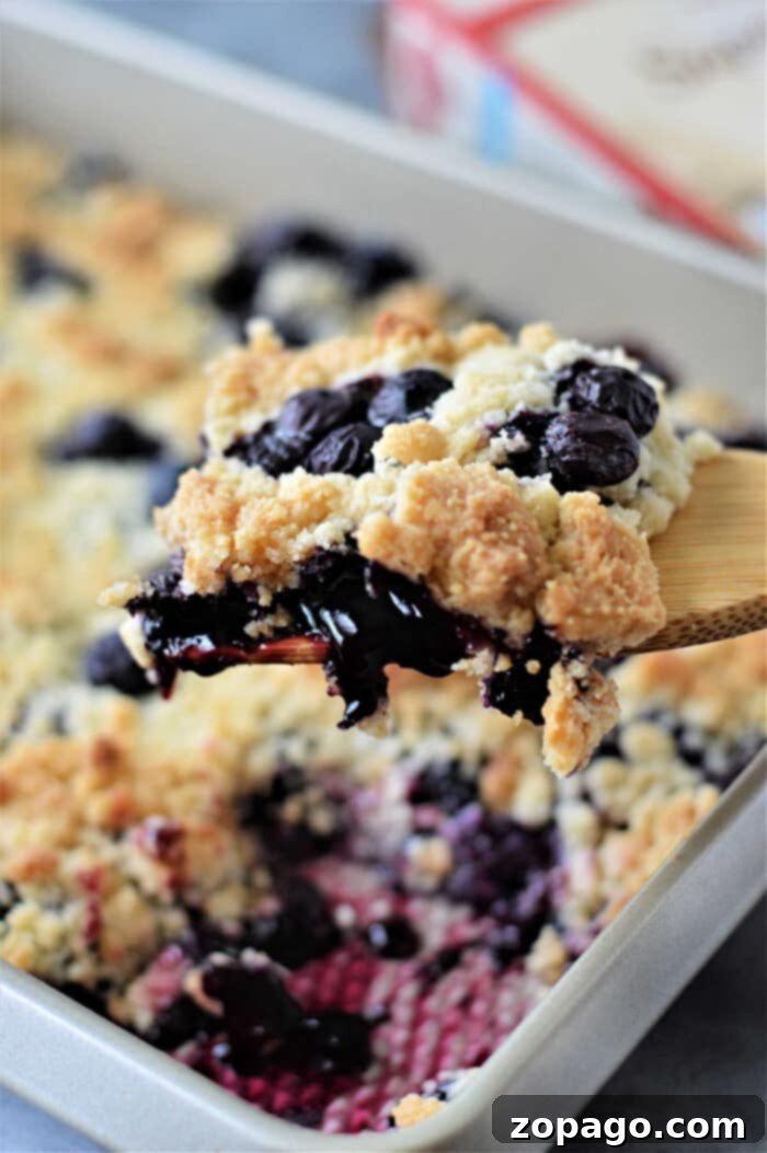 Dump Cake Cobbler 4 Close-up of baked cake mix cobbler with a golden crust.