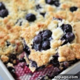 Close-up of a blueberry cobbler with cake mix in a baking pan, with a slice being lifted out, showcasing its crumbly topping.