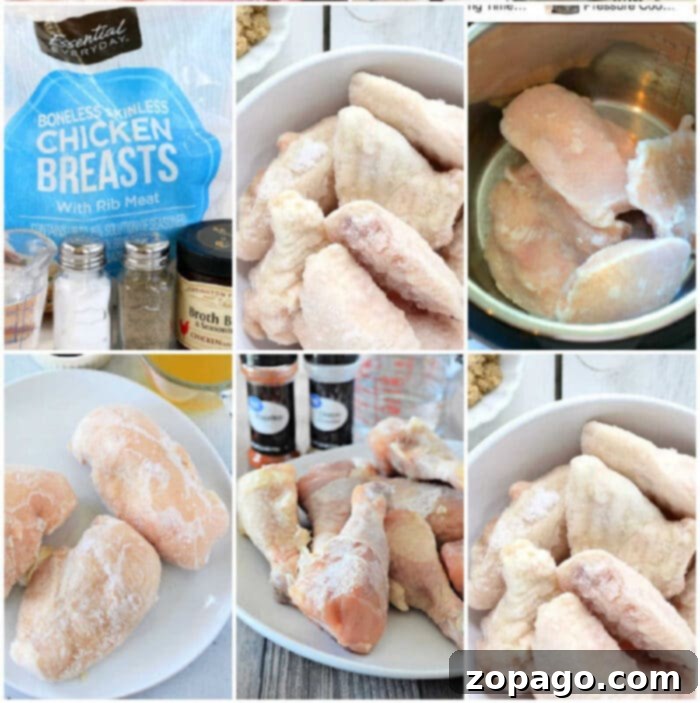 Crispy Air Fryer Frozen Chicken 5 Assortment of frozen chicken parts, including wings and legs, arranged in an air fryer basket