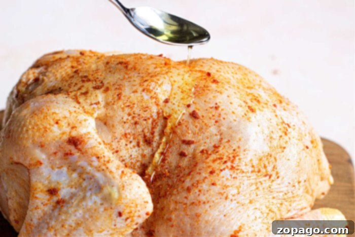 Air Fryer Whole Chicken From Frozen 6 The cooking process of a frozen whole chicken in an air fryer, showing its golden-brown exterior.