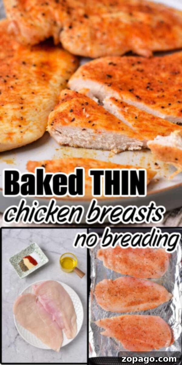 Perfect Oven Baked Thin Chicken Breast Times 8 Seasoned, baked, thin chicken breasts with no breading shown cooked, raw, and before baking on foil. See how long to cook thin chicken breast in oven for perfect results every time.