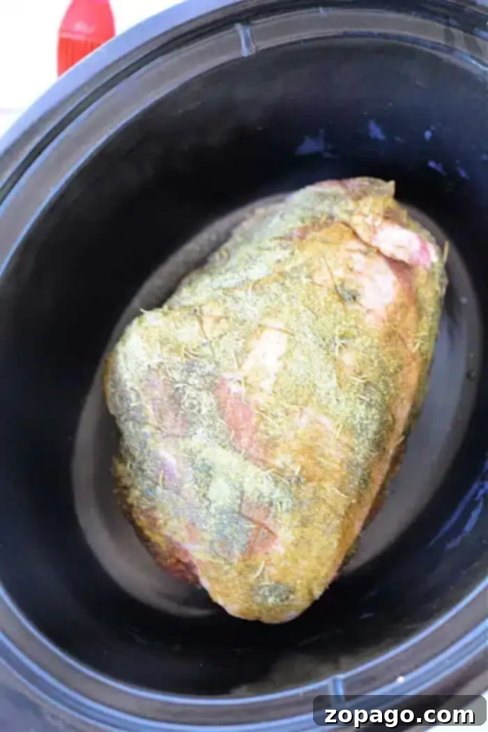 Set It and Forget It 3-Ingredient Pork Roast 4 A seasoned piece of pork is carefully placed inside a slow cooker, covered in a fragrant blend of herbs and spices, ready to be cooked into a tender 3-Ingredient Pork Roast.