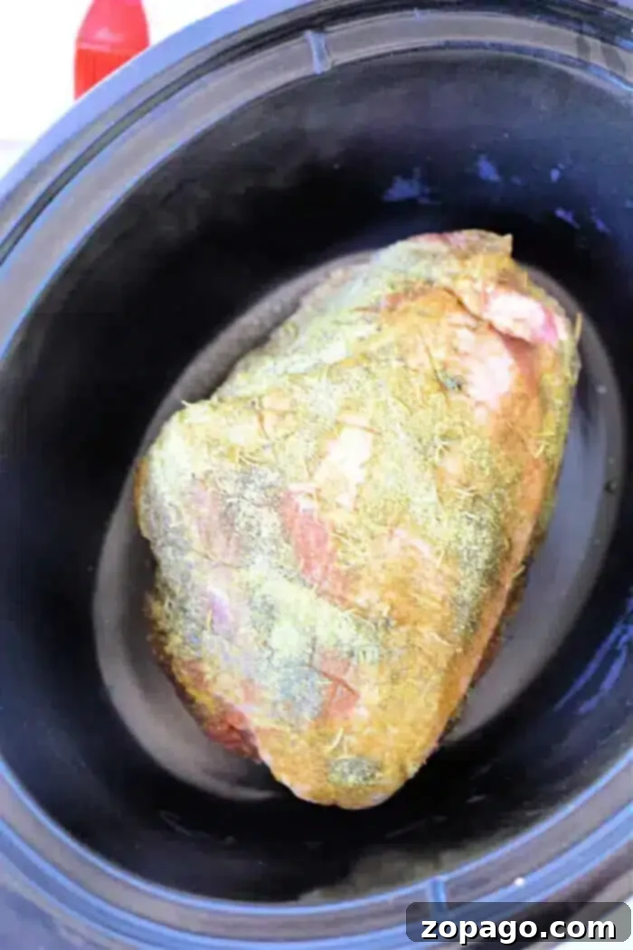 Set It and Forget It 3-Ingredient Pork Roast 8 A seasoned, uncooked piece of pork rests nestled inside a black slow cooker, perfectly embodying the straightforward preparation of a 3 Ingredient Pork Roast Slow Cooker recipe.