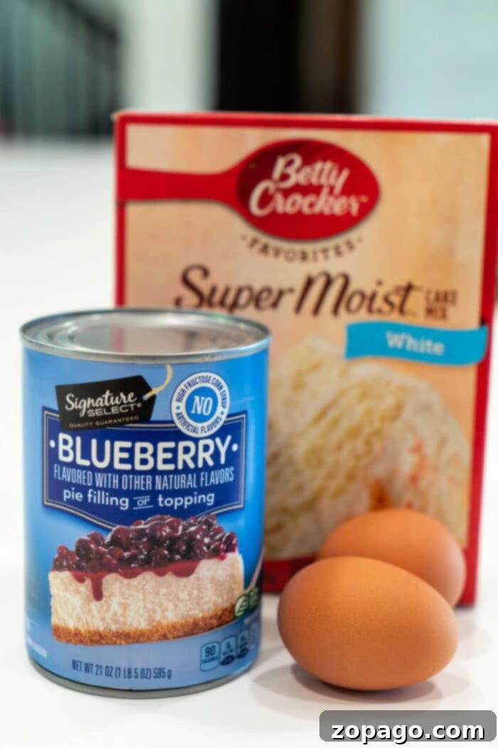 Blueberry Muffins 3 Ingredient Cake Mix 2 3 Ingredient Blueberry Muffins, golden brown with visible blueberries, in paper liners.