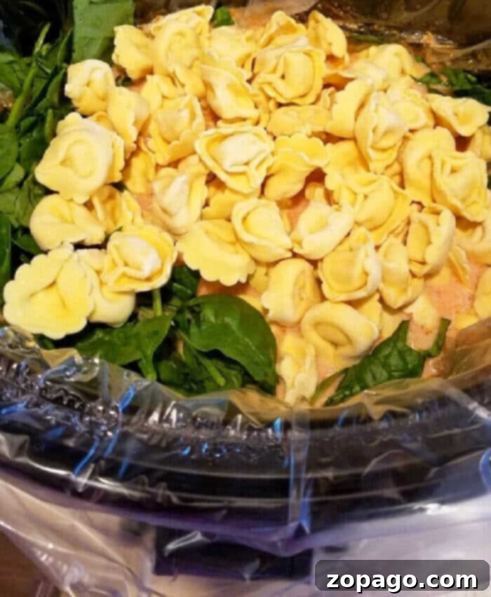 Easy Frozen Tortellini Meals 2 A vibrant Crockpot filled with delicious tortellini and sauce, ready to be served. Ideal for busy families seeking quick and easy Crockpot recipes with tortellini.