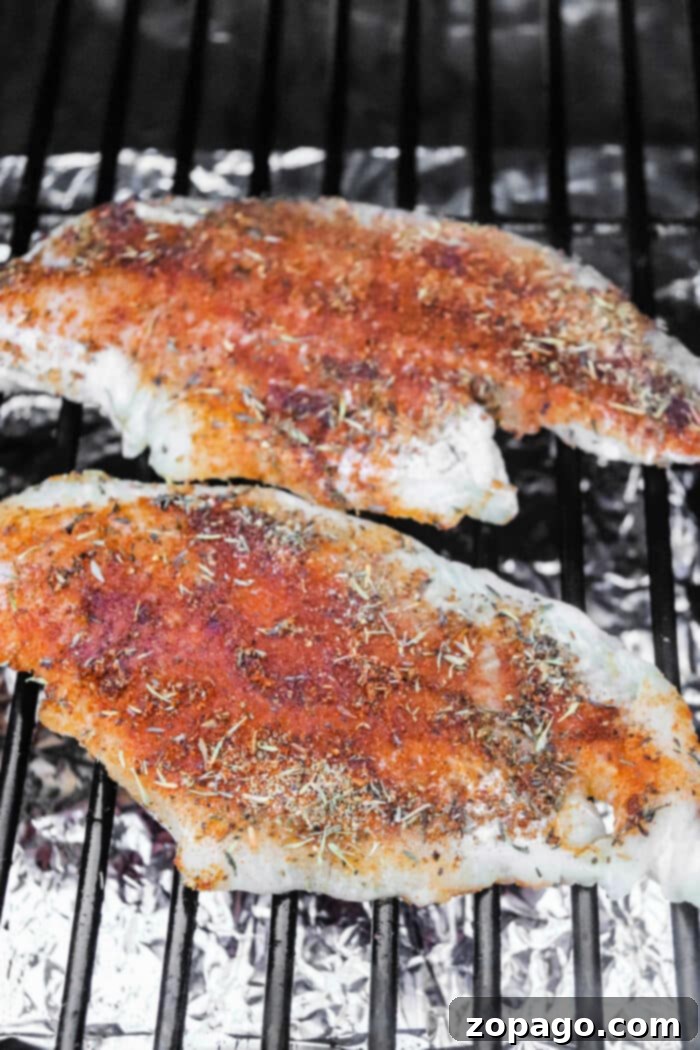 Traeger Wood-Fired Catfish 4 Close-up of Seasoned Smoked Catfish Fillets on a Grill Grate