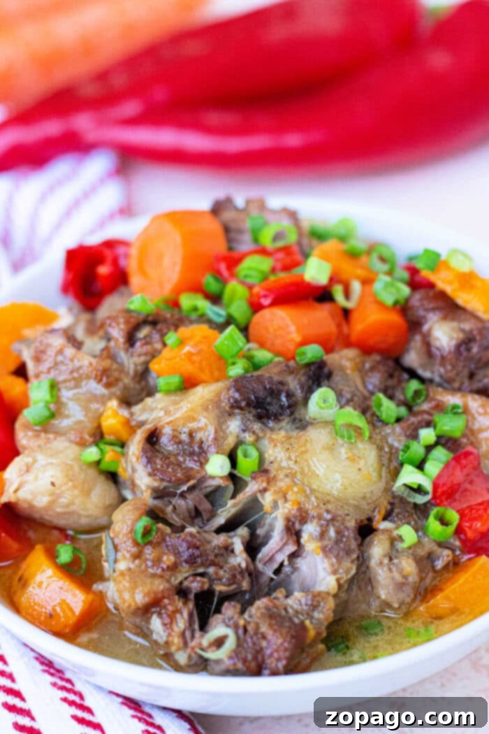 Braised Dutch Oven Oxtail 6 Stewed easy oxtail recipe, garnished with fresh scallions.