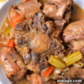 Slow-Cooked Oxtail Perfection 6 A plate of braised oxtail stew with carrots and celery in a savory sauce offers a delicious experience.