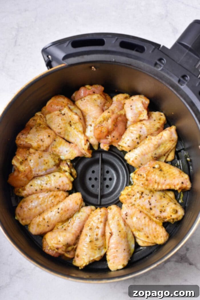Honey Glazed Lemon Pepper Wings 4 Raw, seasoned chicken wings arranged neatly in the basket of an air fryer, ready to be cooked. Marinated with a delightful honey lemon pepper blend, the wings are placed in a circular pattern against the black interior of the fryer.