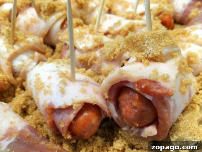 Irresistible Bacon Bites 4 Close-up of bacon-wrapped hot dogs, expertly secured with toothpicks and generously sprinkled with brown sugar.