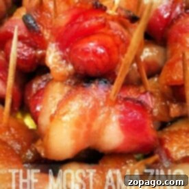 Irresistible Bacon Bites 5 Close-up of bacon-wrapped hot dogs with brown sugar, secured with toothpicks, text overlay reads The Most Amazing Bacon Bites.