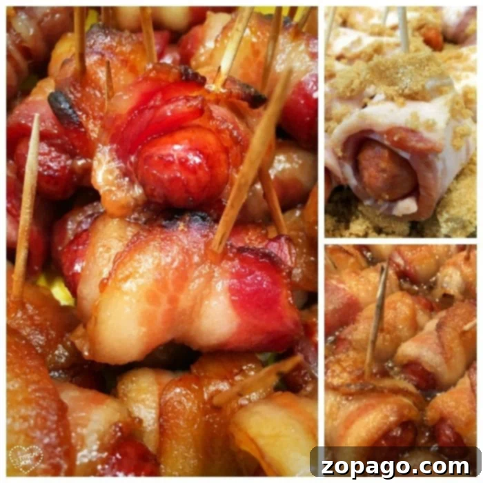 Irresistible Bacon Bites 6 Three images of bacon-wrapped hot dogs with brown sugar, secured with toothpicks. The smaller images highlight the raw preparation, while the main image showcases the cooked, crispy perfection of these bacon-wrapped delights.