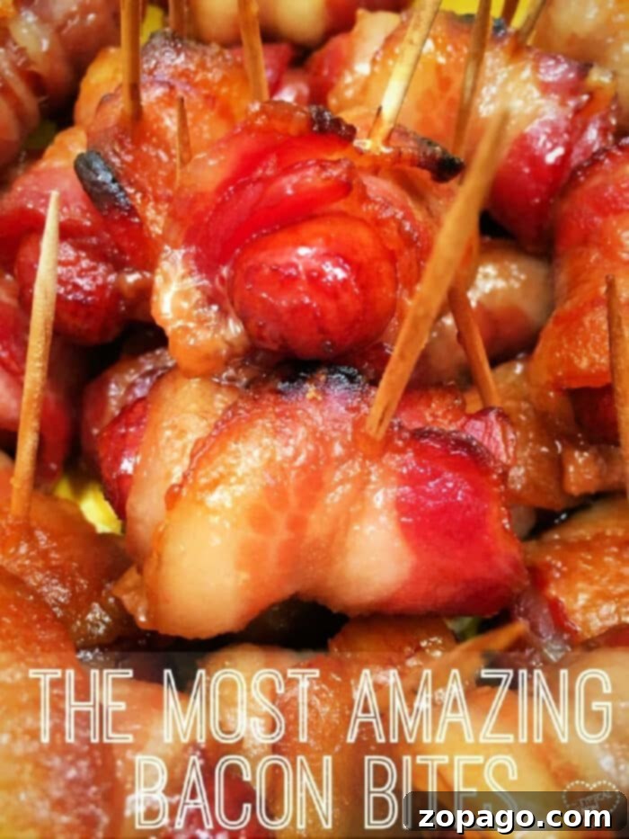 Irresistible Bacon Bites 9 Close-up of bacon-wrapped hot dogs with brown sugar, secured with toothpicks, text overlay reads The Most Amazing Bacon Bites.