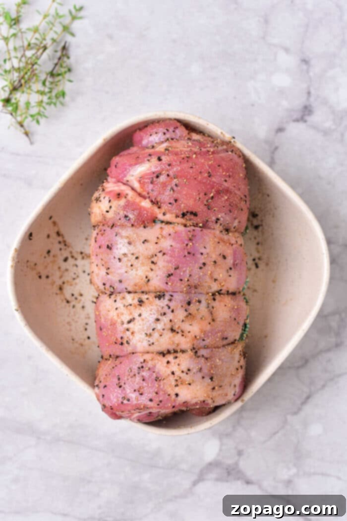 Succulent Lamb Breast 3 Raw, perfectly seasoned rolled lamb breast, meticulously tied with cooking twine, rests in a white baking dish on an elegant marble surface, garnished with a fresh sprig of thyme, symbolizing the start of a delicious lamb breast recipe.