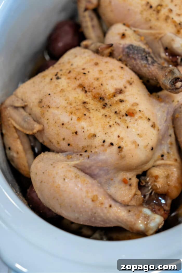 Cornish Hens Slow Cooker Recipe 5 A raw Cornish hen, ready for preparation, resting on a cutting board, illustrating the starting point for cooking frozen or fresh.