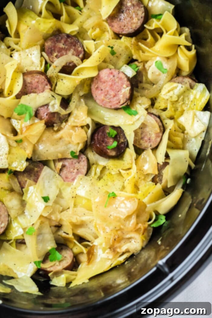 Sliced sausages with cabbage and noodles, reminiscent of a classic Haluski recipe, garnished with chopped parsley in a crockpot.