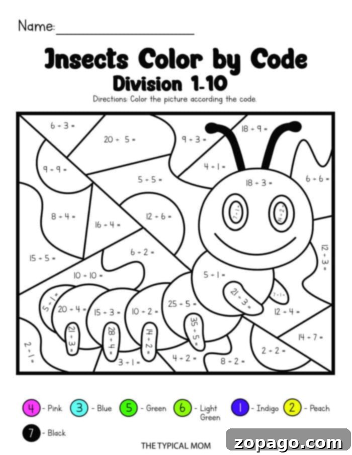 Division Coloring Fun 2 Division Color by Number worksheet with a vibrant insect design, ideal for elementary math practice.