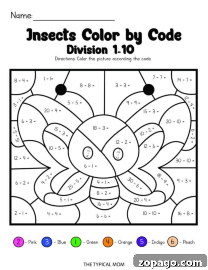 Division Coloring Fun 3 Close-up of a free division worksheet, showing clear math problems and corresponding color sections.