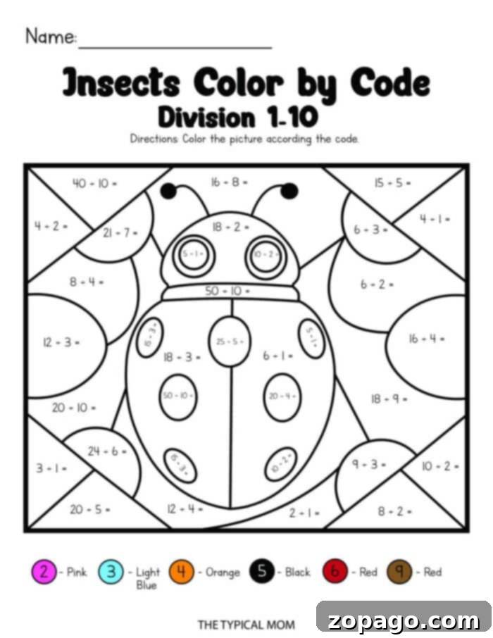 Division Coloring Fun 4 Division Color by Number worksheet featuring code-based insect designs with division problems and a color key, perfect for math practice.