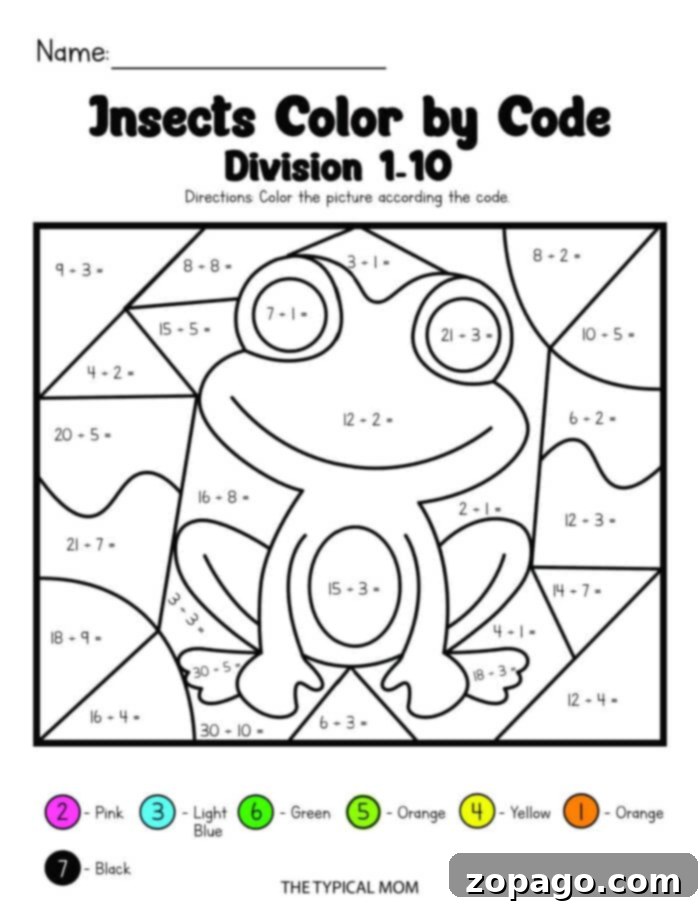 Division Coloring Fun 5 Vibrant insect color by number sheet, demonstrating completed sections based on division problem answers.