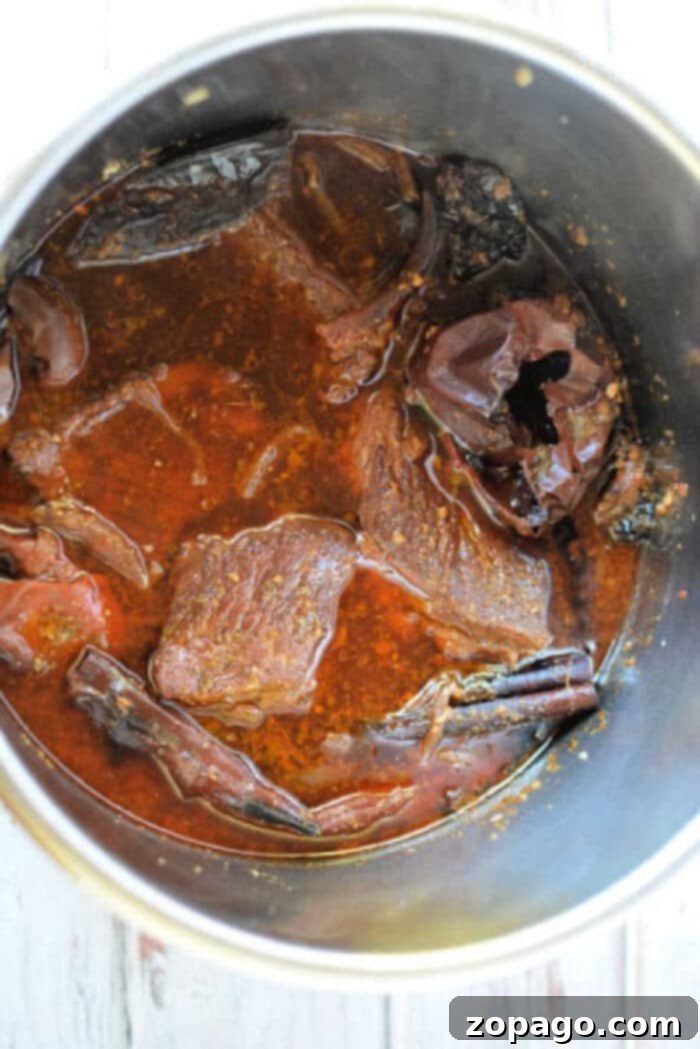 Crafting Perfect Birria Quesadillas 4 A pot of savory cooked birria red sauce and spices, perfect for making mouthwatering Birria Quesadillas.
