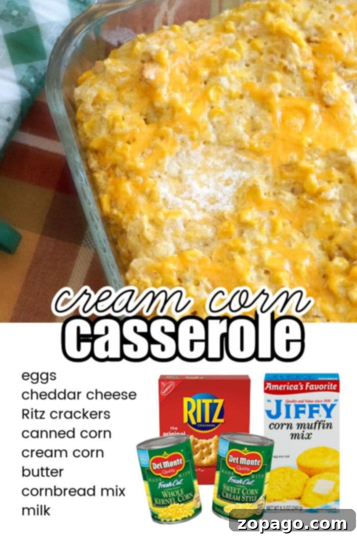 Homestyle Creamed Corn Bake 5 A warm, golden corn casserole, freshly baked and ready to be served, promises a comforting and delicious side dish.