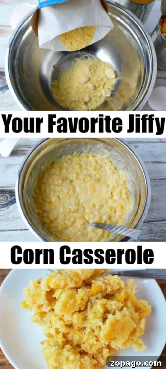 This Jiffy corn casserole recipe is simply the best, delivering a perfect balance of sweetness and savory cheese for any occasion. A step-by-step visual guide showing how to prepare a creamy Jiffy corn casserole, from combining the ingredients in a bowl to the golden-baked final dish served on a plate.