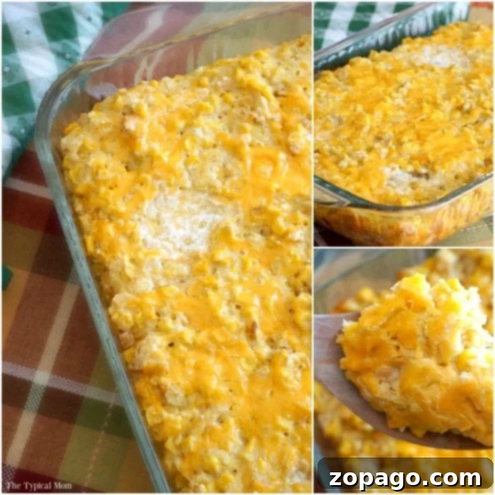 Experience the best cream corn casserole recipe! Made with Ritz crackers, Jiffy cornbread mix, and plenty of cheese, it's a superb side dish for any meal, especially with ham or turkey. A glass baking dish holds a rich Jiffy cream corn casserole, adorned with a golden-brown, cheesy crust. It rests on a charming checkered tablecloth, with a wooden spoon ready to serve a generous portion.