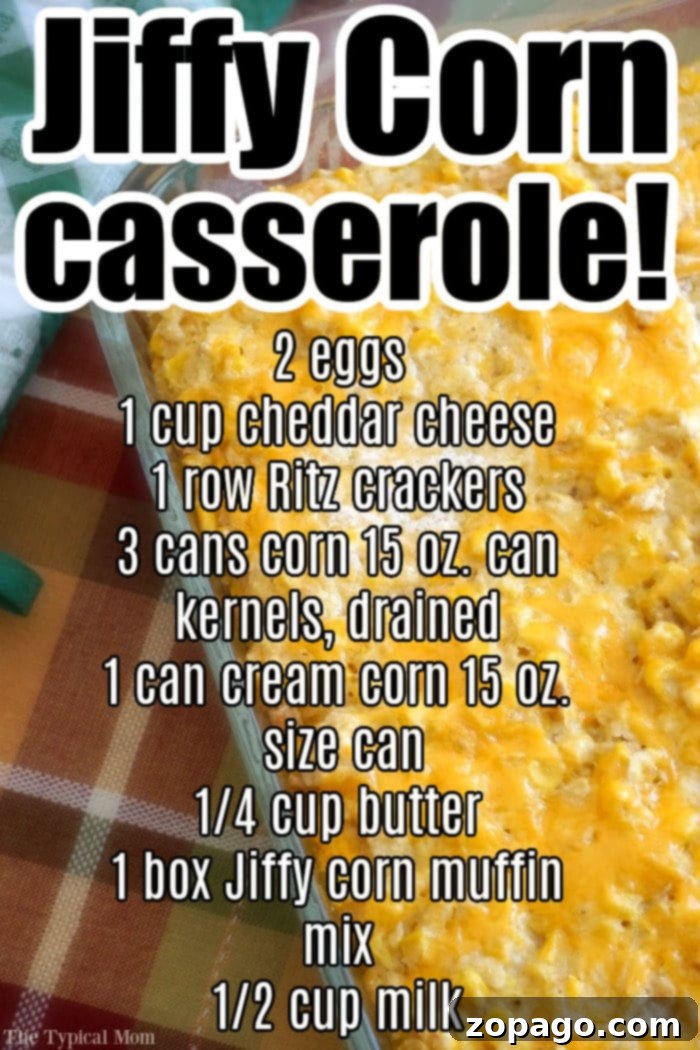 Homestyle Creamed Corn Bake 4 A golden-baked Jiffy corn casserole, fresh from the oven, sits in a glass baking dish, ready to be served as a comforting side.