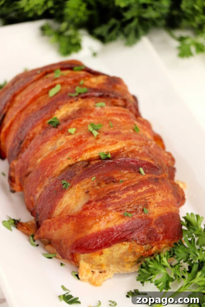 Crispy Bacon Meatloaf Delight 2 Crispy bacon wrapped turkey meatloaf, fresh from the air fryer.