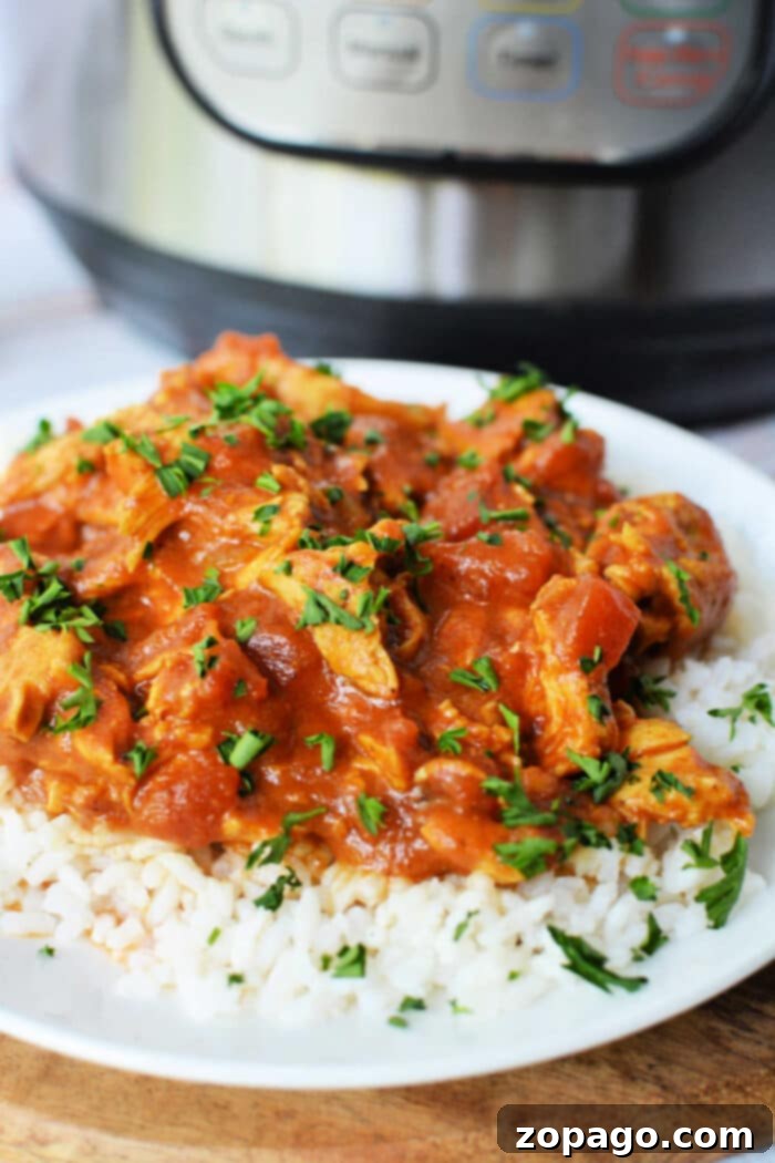 Mouthwatering Instant Pot Chicken Curry 2 Instant Pot Chicken Curry served with rice and fresh herbs.