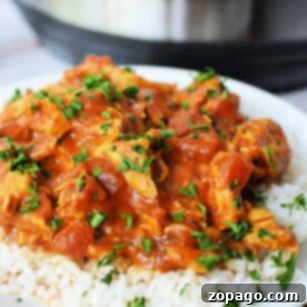 Plate of chicken curry with rice, garnished with herbs, in front of an Instant Pot cooker.