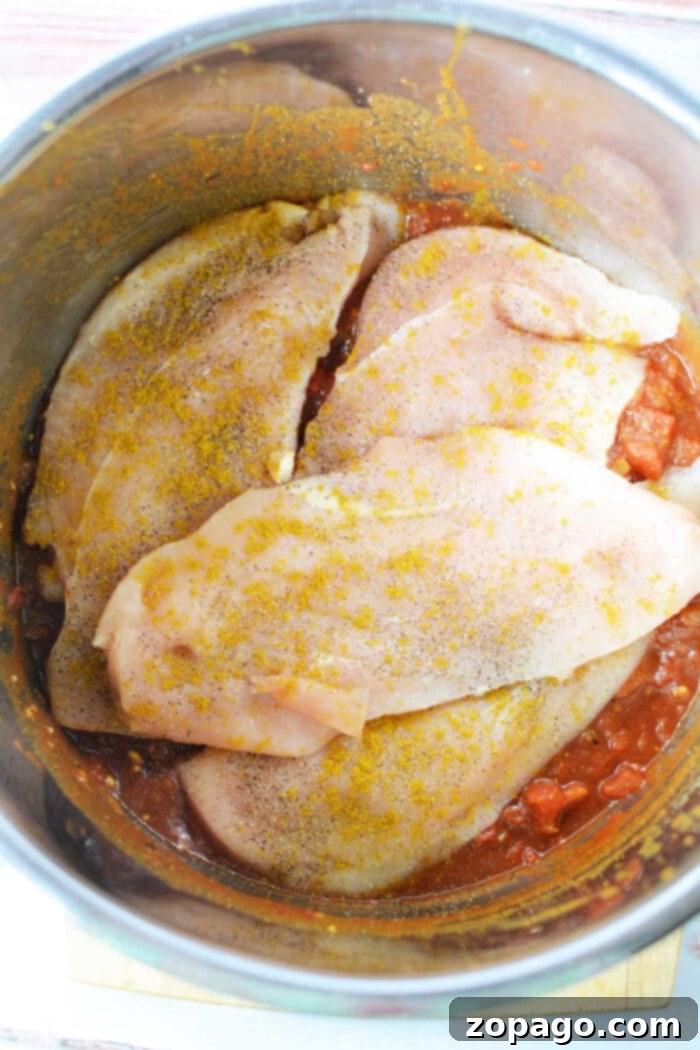 Mouthwatering Instant Pot Chicken Curry 8 Overhead shot of Instant Pot Curry in the pot with spoon.