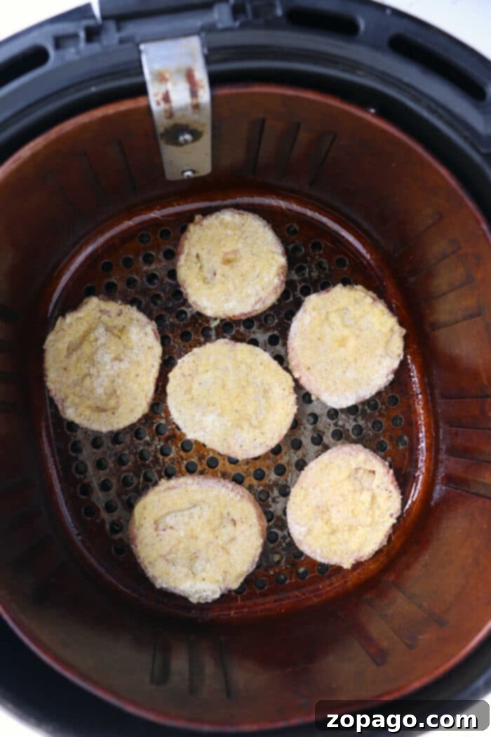 Ruby Red Sizzle 5 Air Fry Fried Tomatoes - showing tomatoes in an air fryer basket.